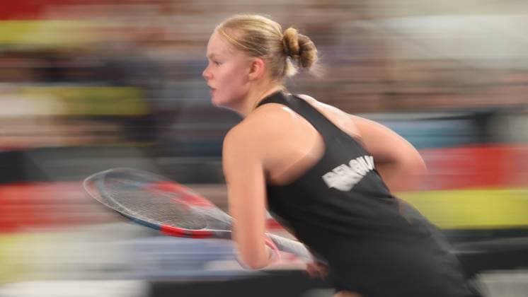 Belgian Jeline Vandromme pictured during the first game between Belgian Vandromme and German Friedsam in the Billie Jean King Cup Play-offs, between Belgium and Germany, on Sunday 16 November 2025 in Ismaning, Germany. PHOTO BENOITxDOPPAGNE  x141966108x