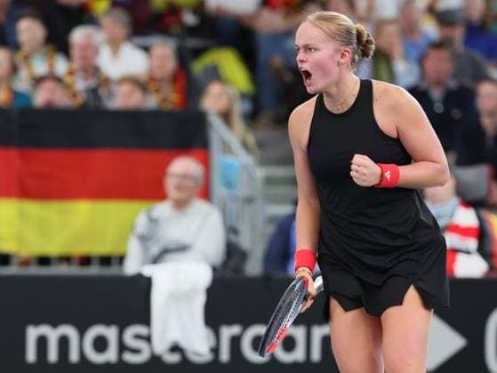 Belgian Jeline Vandromme reacts during the first game between Belgian Vandromme and German Friedsam in the Billie Jean King Cup Play-offs, between Belgium and Germany, on Sunday 16 November 2025 in Ismaning, Germany. PHOTO BENOITxDOPPAGNE  x141968966x
