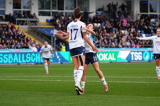 Marie Steiner 19 TSG Hoffenheim Women cheers emotionally in the foreground while Laura Gloning 20 TSG Hoffenheim Women celebrates with open arms Womens DFB Cup TSG Hoffenheim against Eintracht Frankfurt, at the Dietmar Hopp Stadium in Hoffenheim cheering after scoring a goal Copyright: xspeedshotx