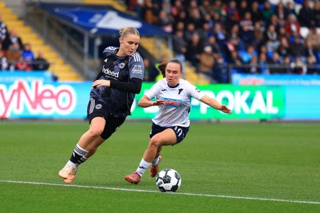 Jella Veit 25 Eintracht Frankfurt in a duel with Marie Steiner 19 TSG Hoffenheim Women for the ball Womens DFB Cup TSG Hoffenheim against Eintracht Frankfurt, in the Dietmar Hopp Stadium in Hoffenheim duel for the ball Copyright: xspeedshotx