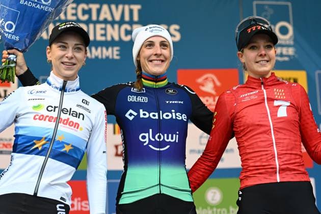 L-R, second Dutch Inge van der Heijden, winner Dutch Lucinda Brand and third Dutch Aniek Van Alphen celebrate on the podium of the women elite race of the Flandriencross cyclocross cycling event, stage 3 8 in the X20 Badkamers Trofee competition, Sunday 16 November 2025 in Hamme. DAVIDxPINTENS  x141976721x