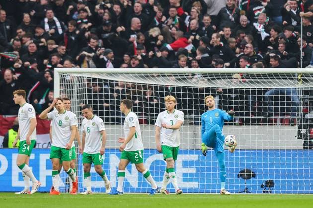2026 FIFA World Cup, WM, Weltmeisterschaft, Fussball Qualifier Group F, Puskas ArÃ Ireland dejected after conceding a goal 16 11 2025  Copyright: x INPHO RyanxByrnex RB1_0306