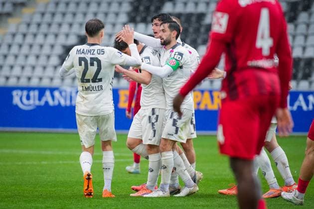 Germany, Football, Regionalliga Südwest, Season 2025 2026, Matchday 17 SC Freiburg II vs 1 FSV Mainz 05 II Dreisamstadion Freiburg Daniel Gleiber Goal, Freiburg Dreisamstadion Baden Württemberg Germany Copyright: xFINLEYxMÖRCHx