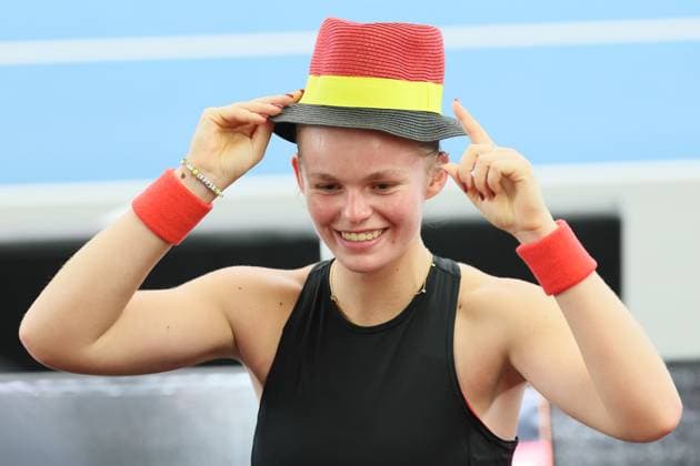 Belgian Jeline Vandromme celebrates after winning a tennis match against German Friedsam, during the meeting between Belgium and Germany in the Billie Jean King Cup Play-offs, on Sunday 16 November 2025 in Ismaning, Germany. PHOTO BENOITxDOPPAGNE  x141986407x