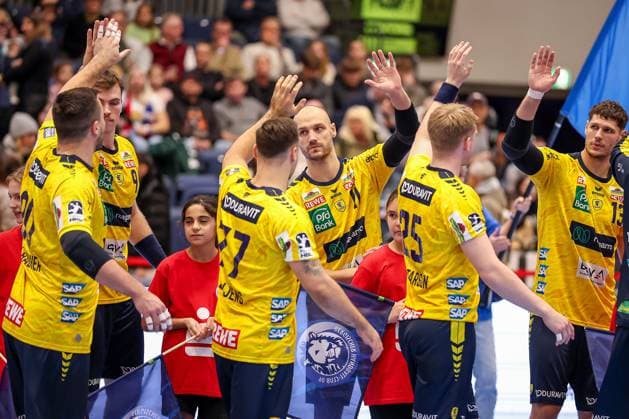 16 11 2025, Handball, HBL, Bergischer HC Rhein Neckar Löwen, Mitsubishi Electric HALLE Düsseldorf The Rhein Neckar Löwen enter the hall Lukas Sandell Rhein Neckar Löwen 11 high-fives with the team North Rhine-Westphalia Germany
