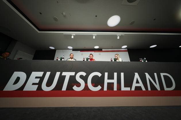UEFA European Qualifiers World Cup Qualifiers 25 26 Final press conference before Germany Slovakia on 16 11 2025 at the Red Bull Arena in Leipzig Germany lettering at the press conference, in the background coach Julian Nagelsmann Germany MH