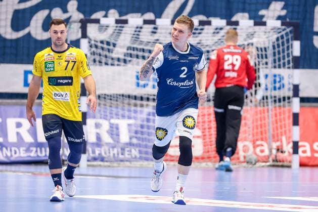 16 11 2025, Handball, HBL, Bergischer HC Rhein Neckar Löwen, Mitsubishi Electric HALLE Düsseldorf Noah Beyer BHC 02 celebrating after converting a seven-meter penalty North Rhine-Westphalia Germany