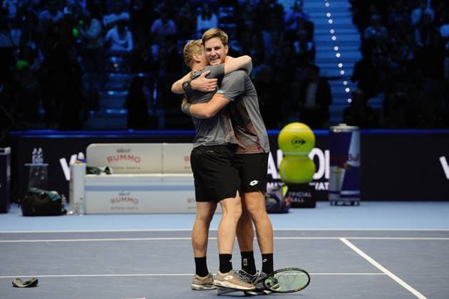 Great Britain s Henry Patten and Finland™s Harri Heliovaara celebrate after winning their doubles final match and the ATP, Tennis Herren Finals against Salisbury Skupski at the Inalpi Arenain Turin, Italy - Sunday, Nov. 16, 2025. -  Copyright: xMarcoxAlpozzi LaPressex