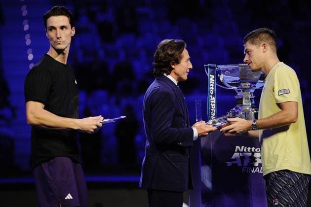 Great Britain s Joe Salisbury and Neal Skupski with second place trophy after their doubles final tennis match of the ATP, Tennis Herren World Tour Finals against Great Britain s Henry Patten and Finland™s Harri Heliovaara at the Inalpi Arenain Turin, Italy - Sunday, Nov. 16, 2025. - .  Copyright: xMarcoxAlpozzi LaPressex