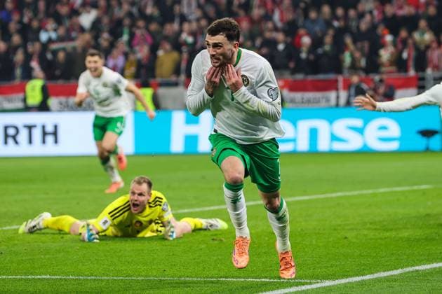 2026 FIFA World Cup, WM, Weltmeisterschaft, Fussball Qualifier Group F, Puskas ArÃ Troy Parrott celebrates scoring his sides second goal of the match 16 11 2025  Copyright: x INPHO RyanxByrnex RB2_5416