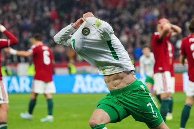 2026 FIFA World Cup, WM, Weltmeisterschaft, Fussball Qualifier Group F, Puskas ArÃ Troy Parrott celebrates scoring his sides second goal of the match 16 11 2025  Copyright: x INPHO RyanxByrnex RB2_5435