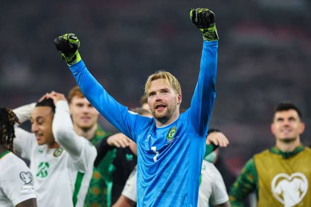 2026 FIFA World Cup, WM, Weltmeisterschaft, Fussball Qualifier Group F, Puskas ArÃ Caoimhin Kelleher celebrates after the match 16 11 2025  Copyright: x INPHO RyanxByrnex RB1_7261