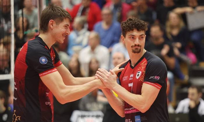 Ludwigsburg , Volleyball Bundesliga , Barock Volleys MTV Ludwigsburg vs cerebricks VOLLEY GOATS Mitteldeutschland , from left Jan Huber Tim Köpfli Lubu