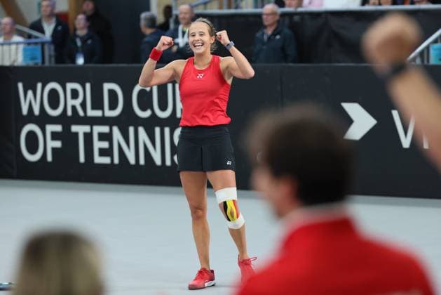 Belgian Hanne Vandewinkel celebrates after winning a tennis match against German Seidel, the second match of the meeting between Belgium and Germany in the Billie Jean King Cup Play-offs, on Sunday 16 November 2025 in Ismaning, Germany. PHOTO BENOITxDOPPAGNE  x142001505x