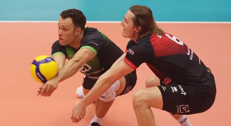 Ludwigsburg , Volleyball Bundesliga , Barock Volleys MTV Ludwigsburg vs cerebricks VOLLEY GOATS Mitteldeutschland , from left Ben Simon Bonin Jeffrey Klok Lubu