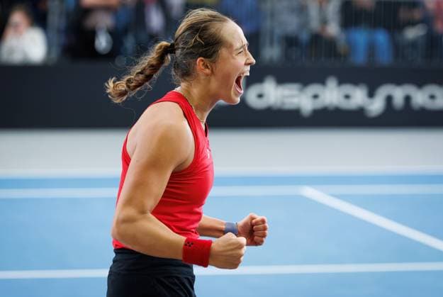 Belgian Hanne Vandewinkel celebrates winning a tennis match against German Seidel, the second match of the meeting between Belgium and Germany in the Billie Jean King Cup Play-offs, on Sunday 16 November 2025 in Ismaning, Germany. PHOTO BENOITxDOPPAGNE  x142006946x