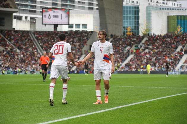 16 November 2025 FIFA World Cup, WM, Weltmeisterschaft, Fussball 2026 European Qualifiers, Round 6 Portugal vs Armenia Estadio de Dragao, Porto, Portugal 16 November 2025 FIFA World Cup 2026 European Qualifiers, Round 6 Portugal vs Armenia Estadio de Dragao, Porto, Portugal. Armenia national team, Nationalteam players Georgi Harutyunyan and Karen Muradyan