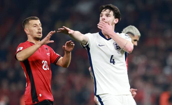 Declan Rice of England. Albania v England, FIFA 2026 World Cup Qualifying, Group K, Football, Arena Kombetare, Tirana, Albania - 16 Nov 2025Tirana Arena Kombetare Albania EDITORIAL USE ONLY No use with unauthorised audio, video, data, fixture lists, club league logos or live services. Online in-match use limited to 120 images, no video emulation. No use in betting, games or single club league player publications. Copyright: xNikolaxKrstic Shutterstockx 15786244ao