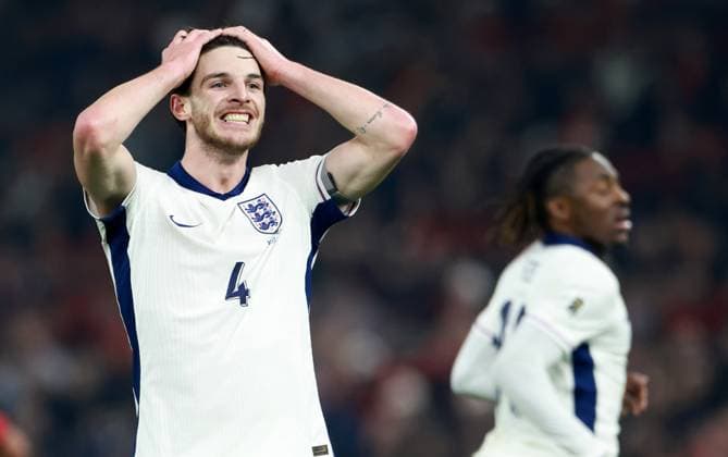 Declan Rice of England reacts. Albania v England, FIFA 2026 World Cup Qualifying, Group K, Football, Arena Kombetare, Tirana, Albania - 16 Nov 2025Tirana Arena Kombetare Albania EDITORIAL USE ONLY No use with unauthorised audio, video, data, fixture lists, club league logos or live services. Online in-match use limited to 120 images, no video emulation. No use in betting, games or single club league player publications. Copyright: xNikolaxKrstic Shutterstockx 15786244an