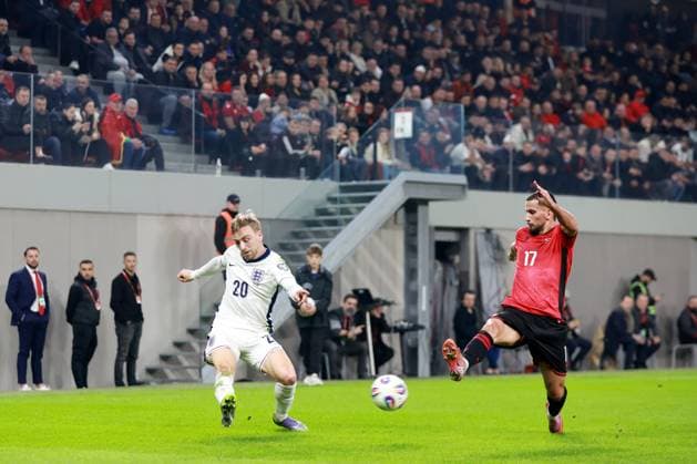 Jarrod Bowen of England and Naser Aliji of Albania. Albania v England, FIFA 2026 World Cup Qualifying, Group K, Football, Arena Kombetare, Tirana, Albania - 16 Nov 2025Tirana Arena Kombetare Albania EDITORIAL USE ONLY No use with unauthorised audio, video, data, fixture lists, club league logos or live services. Online in-match use limited to 120 images, no video emulation. No use in betting, games or single club league player publications. Copyright: xNikolaxKrstic Shutterstockx 15786244aw
