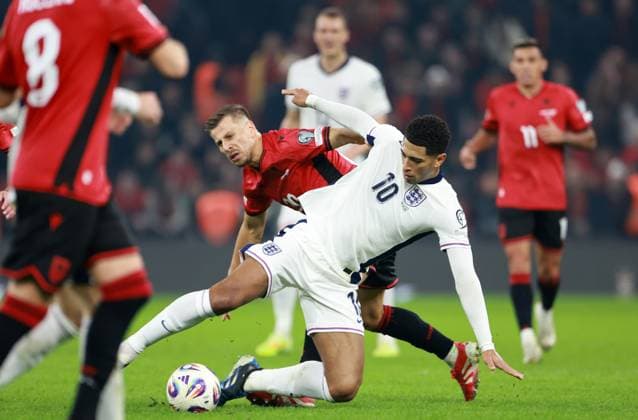 Jude Bellingham of England. Albania v England, FIFA 2026 World Cup Qualifying, Group K, Football, Arena Kombetare, Tirana, Albania - 16 Nov 2025Tirana Arena Kombetare Albania EDITORIAL USE ONLY No use with unauthorised audio, video, data, fixture lists, club league logos or live services. Online in-match use limited to 120 images, no video emulation. No use in betting, games or single club league player publications. Copyright: xNikolaxKrstic Shutterstockx 15786244at
