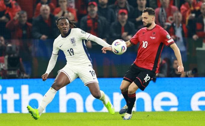 Eberechi Eze of England and Nedim Bajrami of Albania. Albania v England, FIFA 2026 World Cup Qualifying, Group K, Football, Arena Kombetare, Tirana, Albania - 16 Nov 2025Tirana Arena Kombetare Albania EDITORIAL USE ONLY No use with unauthorised audio, video, data, fixture lists, club league logos or live services. Online in-match use limited to 120 images, no video emulation. No use in betting, games or single club league player publications. Copyright: xNikolaxKrstic Shutterstockx 15786244bk