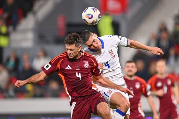 SERBIA vs LATVIA NIKOLA MILENKOVIC vs ROBERTS VEIPS football Serbia vs Latvia FIFA World Cup, WM, Weltmeisterschaft, Fussball qualification match at Dubocica stadiuim , Leskovac 16.11.2025 Foto: FOOTBALL, SERBIA, LATVIA, FIFA WORLD CUP QUALIFICATIONS MATCH Leskovac Dubocica stadium Serbia Copyright: xMarkoxMetlas xMNxPressx