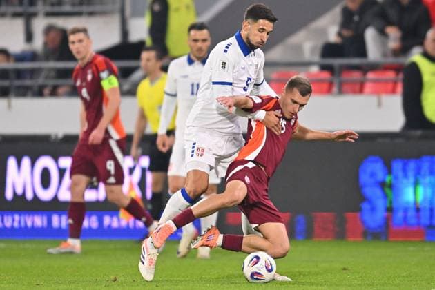 SERBIA vs LATVIA MARKO GRUJIC vs DMITRIJS ZELENKOVS football Serbia vs Latvia FIFA World Cup, WM, Weltmeisterschaft, Fussball qualification match at Dubocica stadiuim , Leskovac 16.11.2025 Foto: FOOTBALL, SERBIA, LATVIA, FIFA WORLD CUP QUALIFICATIONS MATCH Leskovac Dubocica stadium Serbia Copyright: xMarkoxMetlas xMNxPressx