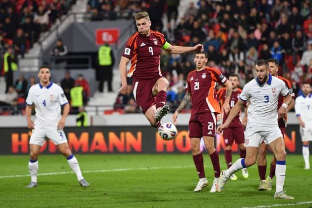 SERBIA vs LATVIA VLADISLAVS GUTKOVSKIS football Serbia vs Latvia FIFA World Cup, WM, Weltmeisterschaft, Fussball qualification match at Dubocica stadiuim , Leskovac 16.11.2025 Foto: FOOTBALL, SERBIA, LATVIA, FIFA WORLD CUP QUALIFICATIONS MATCH Leskovac Dubocica stadium Serbia Copyright: xMarkoxMetlas xMNxPressx