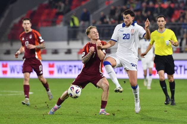SERBIA vs LATVIA EDUARDS DASÄ¶EVICS vs LAZAR SAMARDZIC football Serbia vs Latvia FIFA World Cup, WM, Weltmeisterschaft, Fussball qualification match at Dubocica stadiuim , Leskovac 16.11.2025 Foto: FOOTBALL, SERBIA, LATVIA, FIFA WORLD CUP QUALIFICATIONS MATCH Leskovac Dubocica stadium Serbia Copyright: xMarkoxMetlas xMNxPressx