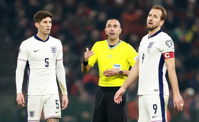John Stones of England and Harry Kane of England. Albania v England, FIFA 2026 World Cup Qualifying, Group K, Football, Arena Kombetare, Tirana, Albania - 16 Nov 2025Tirana Arena Kombetare Albania EDITORIAL USE ONLY No use with unauthorised audio, video, data, fixture lists, club league logos or live services. Online in-match use limited to 120 images, no video emulation. No use in betting, games or single club league player publications. Copyright: xNikolaxKrstic Shutterstockx 15786244ca