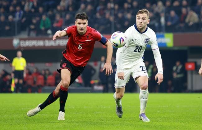 Berat Djimsiti of Albania and Jarrod Bowen of England. Albania v England, FIFA 2026 World Cup Qualifying, Group K, Football, Arena Kombetare, Tirana, Albania - 16 Nov 2025Tirana Arena Kombetare Albania EDITORIAL USE ONLY No use with unauthorised audio, video, data, fixture lists, club league logos or live services. Online in-match use limited to 120 images, no video emulation. No use in betting, games or single club league player publications. Copyright: xNikolaxKrstic Shutterstockx 15786244ce