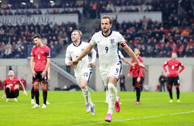 Harry Kane of England celebrates scoring a goal to make the score 0-1. Albania v England, FIFA 2026 World Cup Qualifying, Group K, Football, Arena Kombetare, Tirana, Albania - 16 Nov 2025Tirana Arena Kombetare Albania EDITORIAL USE ONLY No use with unauthorised audio, video, data, fixture lists, club league logos or live services. Online in-match use limited to 120 images, no video emulation. No use in betting, games or single club league player publications. Copyright: xNikolaxKrstic Shutterstockx 15786244cp