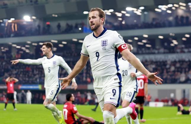 Harry Kane of England celebrates scoring a goal to make the score 0-1. Albania v England, FIFA 2026 World Cup Qualifying, Group K, Football, Arena Kombetare, Tirana, Albania - 16 Nov 2025Tirana Arena Kombetare Albania EDITORIAL USE ONLY No use with unauthorised audio, video, data, fixture lists, club league logos or live services. Online in-match use limited to 120 images, no video emulation. No use in betting, games or single club league player publications.  Copyright: xNikolaxKrstic Shutterstockx 15786244cr