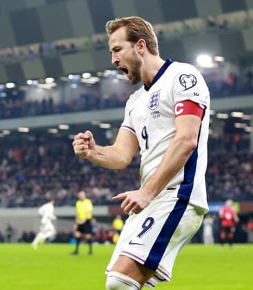 Harry Kane of England celebrates scoring a goal to make the score 0-2. Albania v England, FIFA 2026 World Cup Qualifying, Group K, Football, Arena Kombetare, Tirana, Albania - 16 Nov 2025Tirana Arena Kombetare Albania EDITORIAL USE ONLY No use with unauthorised audio, video, data, fixture lists, club league logos or live services. Online in-match use limited to 120 images, no video emulation. No use in betting, games or single club league player publications. Copyright: xNikolaxKrstic Shutterstockx 15786244cx
