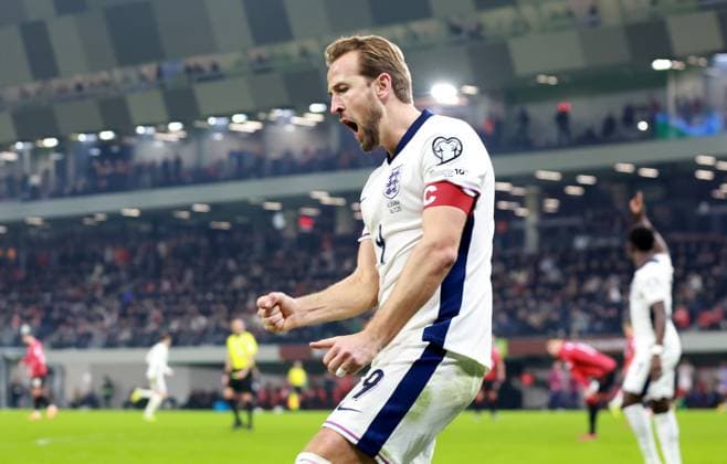 Harry Kane of England celebrates scoring a goal to make the score 0-2. Albania v England, FIFA 2026 World Cup Qualifying, Group K, Football, Arena Kombetare, Tirana, Albania - 16 Nov 2025Tirana Arena Kombetare Albania EDITORIAL USE ONLY No use with unauthorised audio, video, data, fixture lists, club league logos or live services. Online in-match use limited to 120 images, no video emulation. No use in betting, games or single club league player publications. Copyright: xNikolaxKrstic Shutterstockx 15786244ct