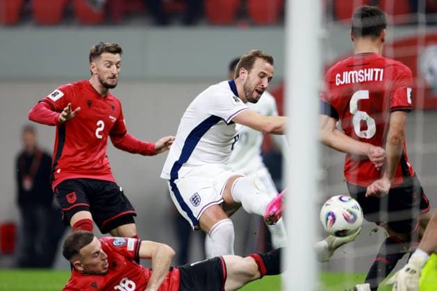 Harry Kane of England has a shot. Albania v England, FIFA 2026 World Cup Qualifying, Group K, Football, Arena Kombetare, Tirana, Albania - 16 Nov 2025Tirana Arena Kombetare Albania EDITORIAL USE ONLY No use with unauthorised audio, video, data, fixture lists, club league logos or live services. Online in-match use limited to 120 images, no video emulation. No use in betting, games or single club league player publications. Copyright: xNikolaxKrstic Shutterstockx 15786244dp