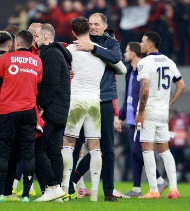 England Manager Thomas Tuchel at full time with John Stones of England. Albania v England, FIFA 2026 World Cup Qualifying, Group K, Football, Arena Kombetare, Tirana, Albania - 16 Nov 2025Tirana Arena Kombetare Albania EDITORIAL USE ONLY No use with unauthorised audio, video, data, fixture lists, club league logos or live services. Online in-match use limited to 120 images, no video emulation. No use in betting, games or single club league player publications. Copyright: xNikolaxKrstic Shutterstockx 15786244dw