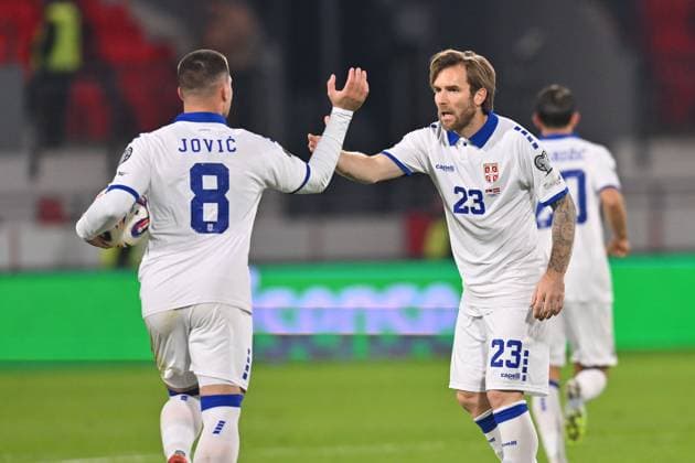 SERBIA vs LATVIA LUKA JOVIC and ALEKSANDAR KATAI football Serbia vs Latvia FIFA World Cup, WM, Weltmeisterschaft, Fussball qualification match at Dubocica stadiuim , Leskovac 16.11.2025 Foto: FOOTBALL, SERBIA, LATVIA, FIFA WORLD CUP QUALIFICATIONS MATCH Leskovac Dubocica stadium Serbia Copyright: xMarkoxMetlas xMNxPressx