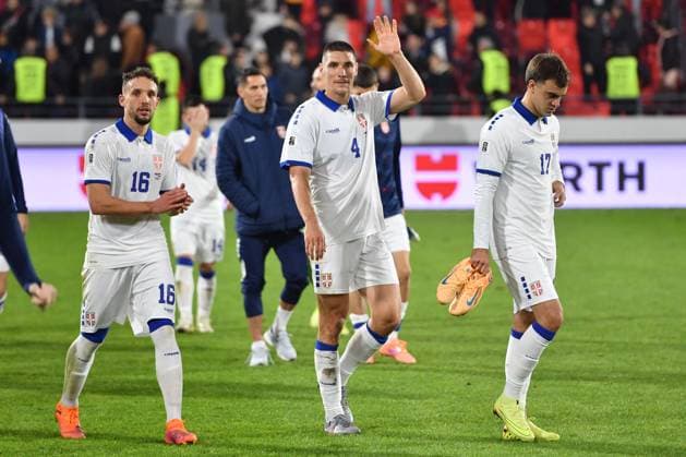 SERBIA vs LATVIA STRAHINJA ERAKOVIC , NIKOLA MILENKOVIC, JOVAN MILOSVIC CELEBRATION football Serbia vs Latvia FIFA World Cup, WM, Weltmeisterschaft, Fussball qualification match at Dubocica stadiuim , Leskovac 16.11.2025 Foto: FOOTBALL, SERBIA, LATVIA, FIFA WORLD CUP QUALIFICATIONS MATCH Leskovac Dubocica stadium Serbia Copyright: xMarkoxMetlas xMNxPressx