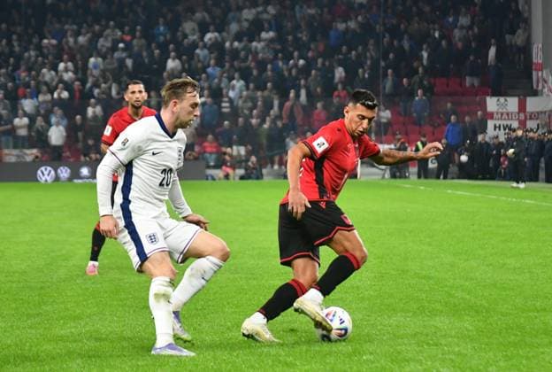 Albania v England - FIFA World Cup, WM, Weltmeisterschaft, Fussball European Qualifiers TIRANA, ALBANIA — NOVEMBER 16: Albania’s Myrto Uzuni battles for the ball against England’s Jarrod Bowen (20) during the 2026 FIFA World Cup European Qualifiers match between Albania and England at the National Arena in Tirana, Albania on November 16, 2025. Olsi Shehu Anadolu Tirana Albania. Editorial use only. Please get in touch for any other usage.  Copyright: x2025xAnadoluxOlsixShehux