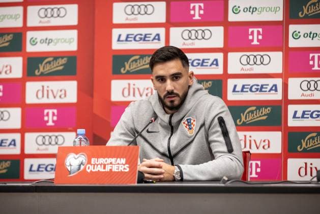 press conference, PK, Pressekonferenz of Croatia National Football Team Player Josip Sutalo speaks during the press conference on November 16, 2025 in Podgorica, Montenegro, ahead of the FIFA World Cup, WM, Weltmeisterschaft, Fussball 2026 qualifier match against Montenegro. The football match between Croatia and Montenegro is on November 17.  StefanxIvanovic PIXSELL