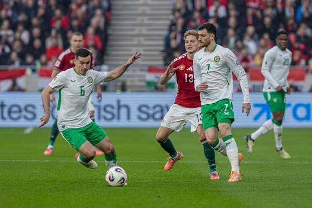 Hungary v Republic of Ireland - FIFA World Cup, WM, Weltmeisterschaft, Fussball 2026 Qualifier Josh Cullen of Ireland competes for the ball with Andras Schafer of Hungary during the FIFA 2026 World Cup Qualifiers match at Puskas Arena in Budapest, Hungary, on November 16, 2025. Budapest Hungary  Copyright: xRobertxSzaniszlox originalFilename:szaniszlo-notitle251116_npdFY.jpg