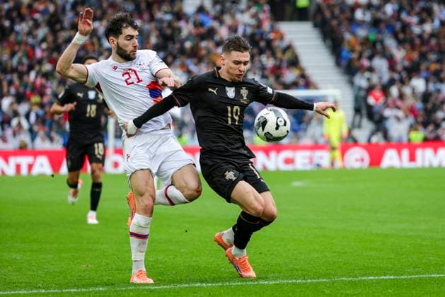 November 16, 2025, Porto, Portugal: Francisco Conceicao of Portugal and Nayair Tiknizyan of Armenia seen in action during the FIFA World Cup, WM, Weltmeisterschaft, Fussball 2026 Qualifier match between Portugal and Armenia at Estadio do Dragao. Final score Portugal 9 : 1 Armenia Porto Portugal - ZUMAs197 20251116_aaa_s197_172 Copyright: xRitaxFrancax