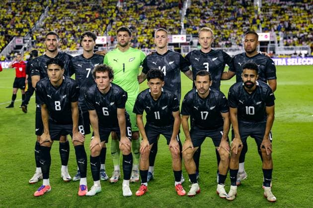 New Zealand All Whites players pose for a team photo before kick off, New Zealand All Whites v Colombia, international football friendly match at Chase Stadium, Florida, USA on Saturday 15 November 2025. Photo: Carl Kafka Back row L-R: Michael Boxall (Captain), Matt Garbett, Goalkeeper Max Crocombe, Finn Surman, Francis De Vries and Bill Tuiloma of New Zealand. Front row L-R: Marko StameniÄ‡, Joe Bell, Eli Just, Kosta Barbarouses and Sarpreet Singh of New Zealand. Florida USA Copyright: xx