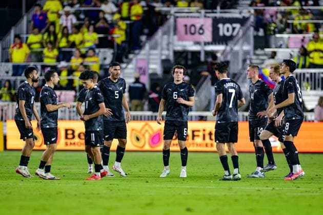 New Zealand All Whites players return to the field for the second half, New Zealand All Whites v Colombia, international football friendly match at Chase Stadium, Florida, USA on Saturday 15 November 2025. Photo: Carl Kafka Florida USA Copyright: xx