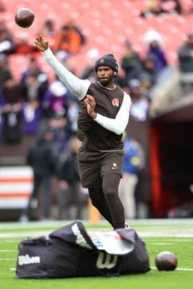 Cleveland Browns Shedeur Sanders (12) throws during warm ups for the Browns game against the Baltimore Ravens at Huntington Bank Field in Cleveland, Ohio on Sunday November 16, 2025.  CLE20251116103 AARONxJOSEFCZYK