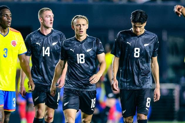 Finn Surman, Ben Waine and Marko StameniÄ‡ of New Zealand, New Zealand All Whites v Colombia, international football friendly match at Chase Stadium, Florida, USA on Saturday 15 November 2025. Photo: Carl Kafka Florida USA Copyright: xx