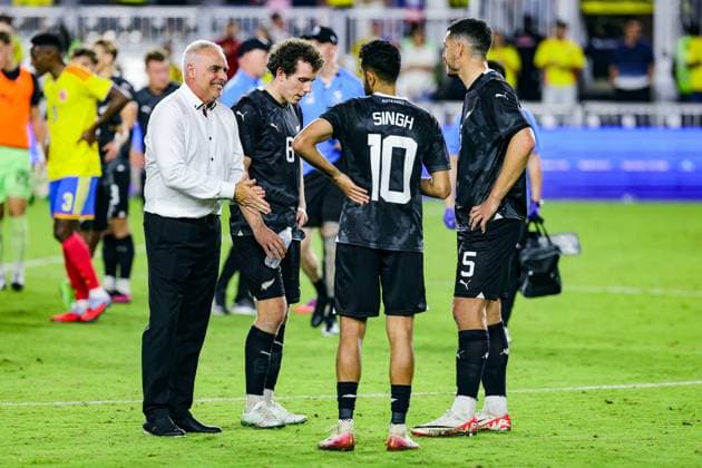 New Zealand coach Darren Bazeley with Joe Bell, Sarpreet Singh and Michael Boxall (Captain) of New Zealand after the match, New Zealand All Whites v Colombia, international football friendly match at Chase Stadium, Florida, USA on Saturday 15 November 2025. Photo: Carl Kafka Florida USA Copyright: xx