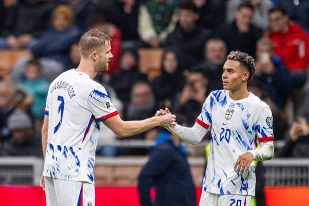 251116 Kristoffer Ajer and Antonio Nusa of Norway celebrate after the 1 1 goal during the FIFA World Cup Qualifier football match between Italy and Norway on November 16, 2025 in Milan Photo Vegard Grott BILDBYRAN kod VG VG0836 bbeng fotball football soccer fotboll fifa world cup qualifiers european qualifiers 2026 uefa world cup qualifiers vm kvalifisering vm kvalik vm kval norway ital italy italy milano jubel  Copyright: VEGARDxGRoTT BB251116VG085